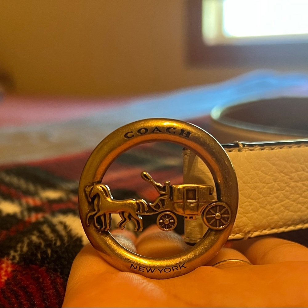 Coach Gold Buckle White Leather Belt